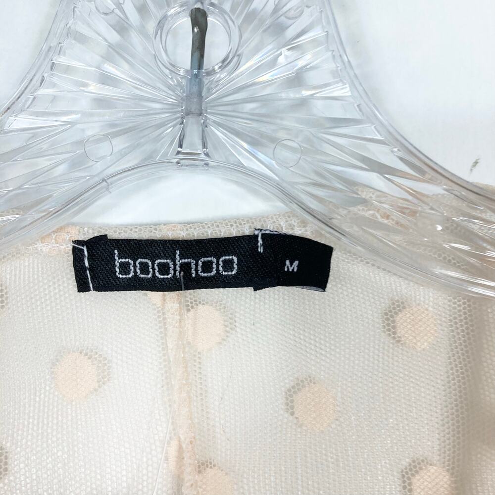 NWT BOOHOO Robe Duster Cardigan M Peach Polkadot Sheer Mesh Open Ruffle Bow-Cuff - Picture 3 of 13